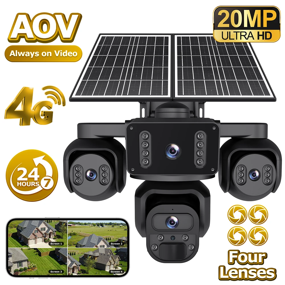 INQMEG 20MP Solar Camera AOV 4G SIM Four Screens 20100mAh Battery Outdoor Security PTZ Camera 7/24 Hour Video Recording OKAM APP