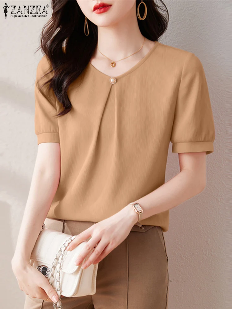 ZANZEA Women Wrinkle Textured Party Blusas 2024 Summer Short Sleeve OL Blouses Korean Fashion Elegant Solid Pleated Tunic Tops