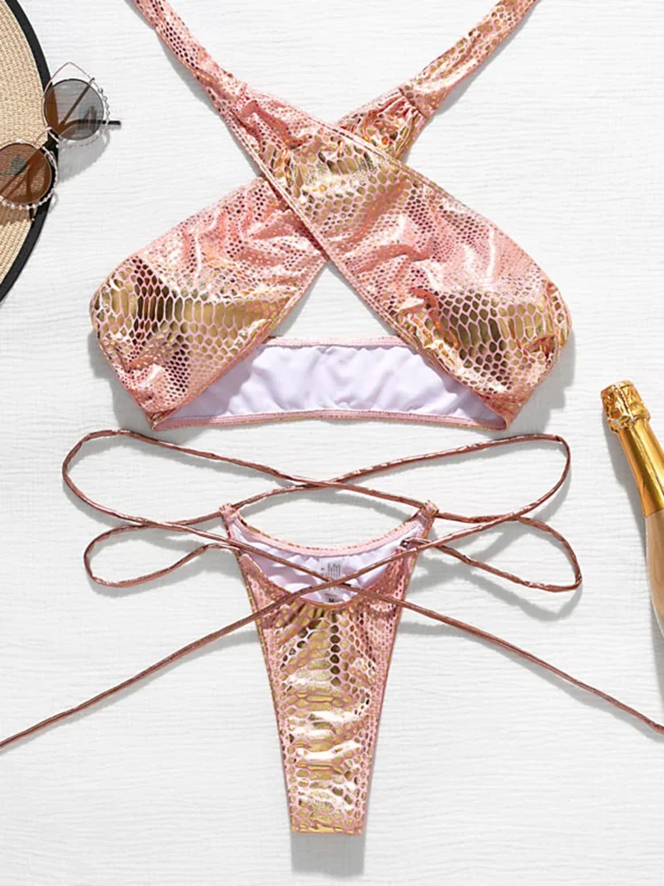 Snake Skin Mini Micro Thong Bikini Women Swimwear Female Swimsuit Two Pieces Bikini Set Halter Wrap Around Bathing Suit Swim