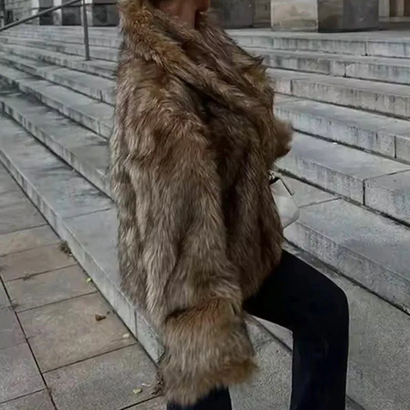 Tuularose Elegant Brown Fluffy Faux Fur Thicken Jacket Chic Female Lapel Long Sleeves Overcoats Autumn Winter Lady Streetwear