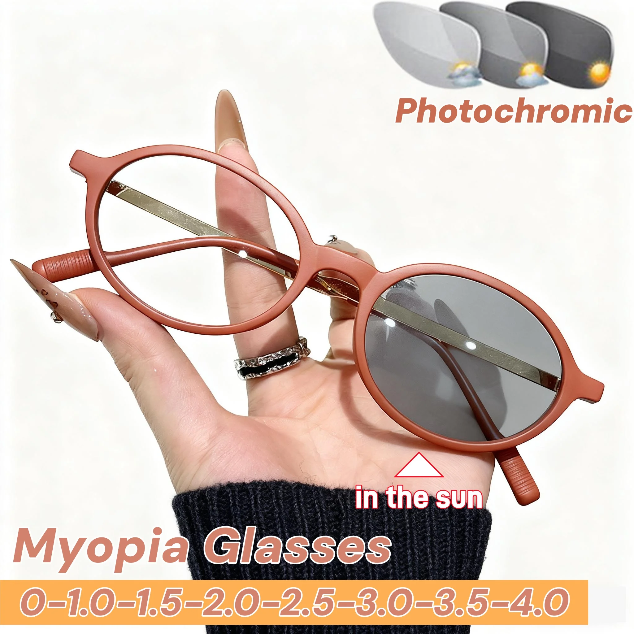 

New Trendy Photochromic Myopia Glasses for Women Men Anti Blue Light Outdoor Color Changing Near Sight Eyeglasses Minus Diopter