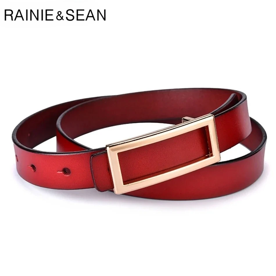 

RAINIE SEAN Red Fashion Leather Women Belt Camel Smooth Buckle Belt for Dresses Ladies Genuine Leather Gold Buckle Female Belt