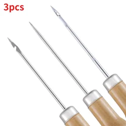 3Pcs/Set Wooden Handle Sewing Awl Hand Stitcher Leathe Punch Tool DIY Shoe Repair Hook Leather Accessories