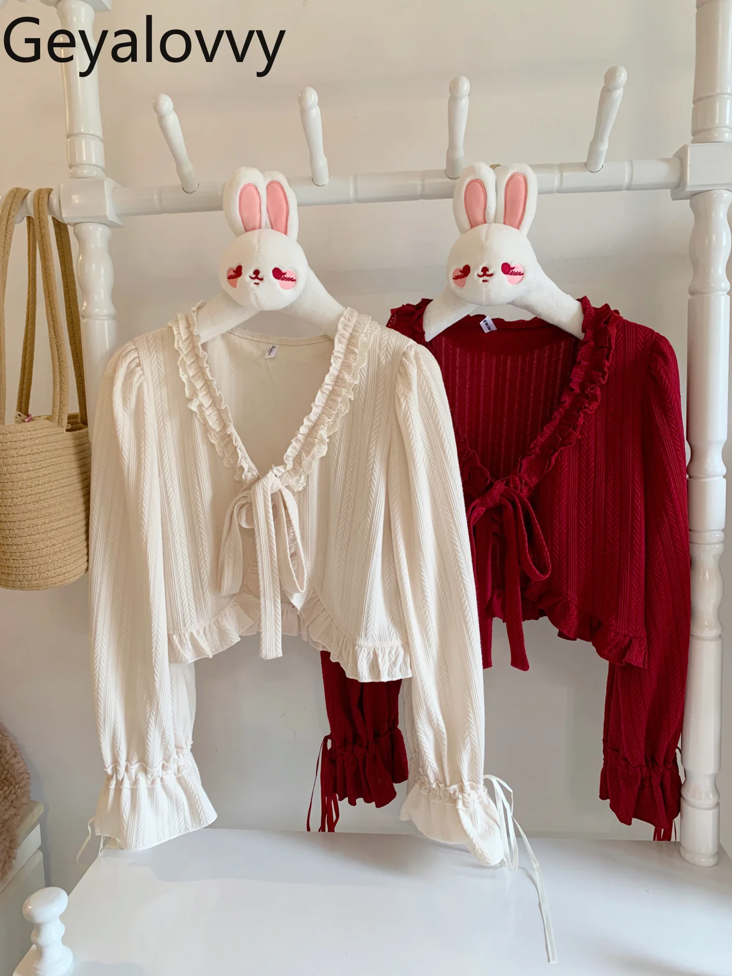 

Sweet Girls Short Lolita Style Knitted Cardigan with Tie Long Sleeve Coat for Women Autumn Winter Cover Up Outerwear Tops