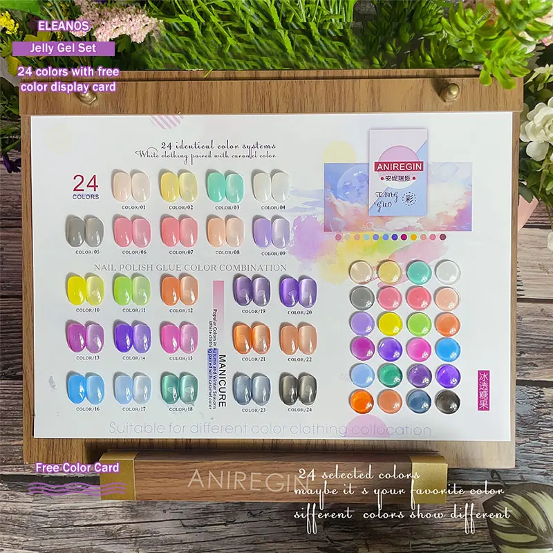 Eleanos Macaron Candy Jelly Gel Nail Polish 24pcs Translucent Nude Pink White Gel Color Card Manicure 15ML Spring UV Gel Varnish