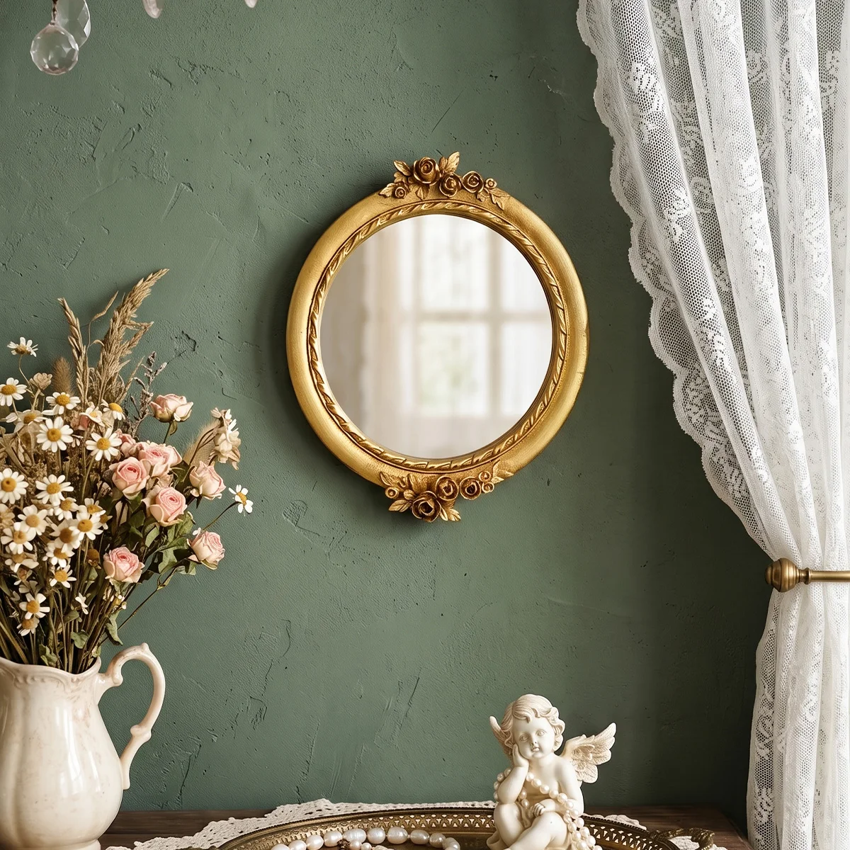 1PC, French‑Style Golden Rose Engraved Oval Wall‑Mounted Mirror, Rose Hanging Mirror, Decorative Small Mirror