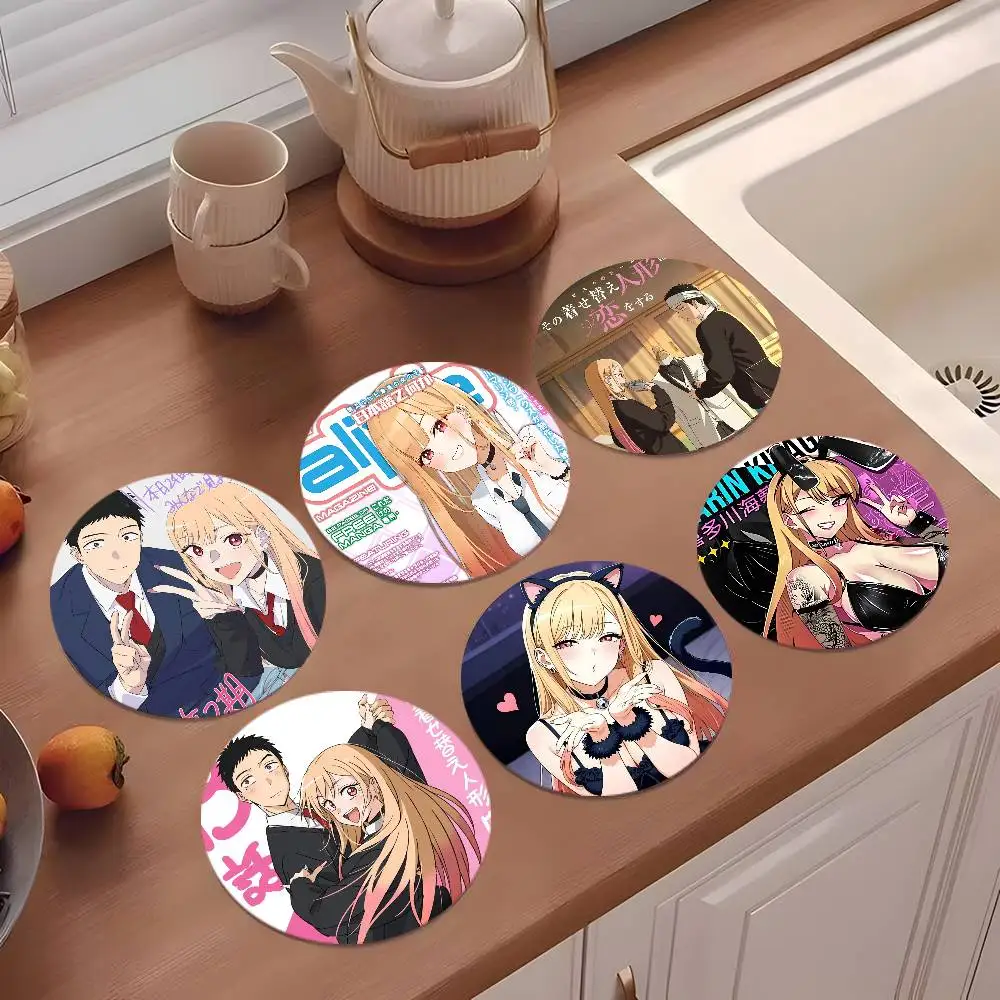 M-My Dress-Up Darling Marin Kitagawa Anime Coasters 10cm Round Wooden Suitable For Drinks Tea Coffee Home Gift Choice Holidays