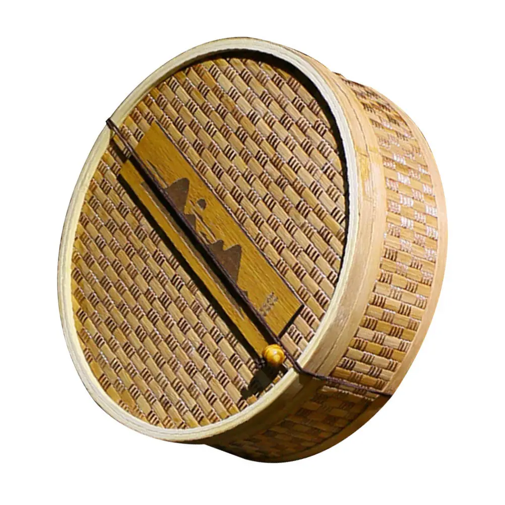 1Pcs Premium Bamboo Tea Box Woven Lid Design for Pu'er Brick Tea Storage Gift Packaging High-Grade Elegant Retro Look Odorless