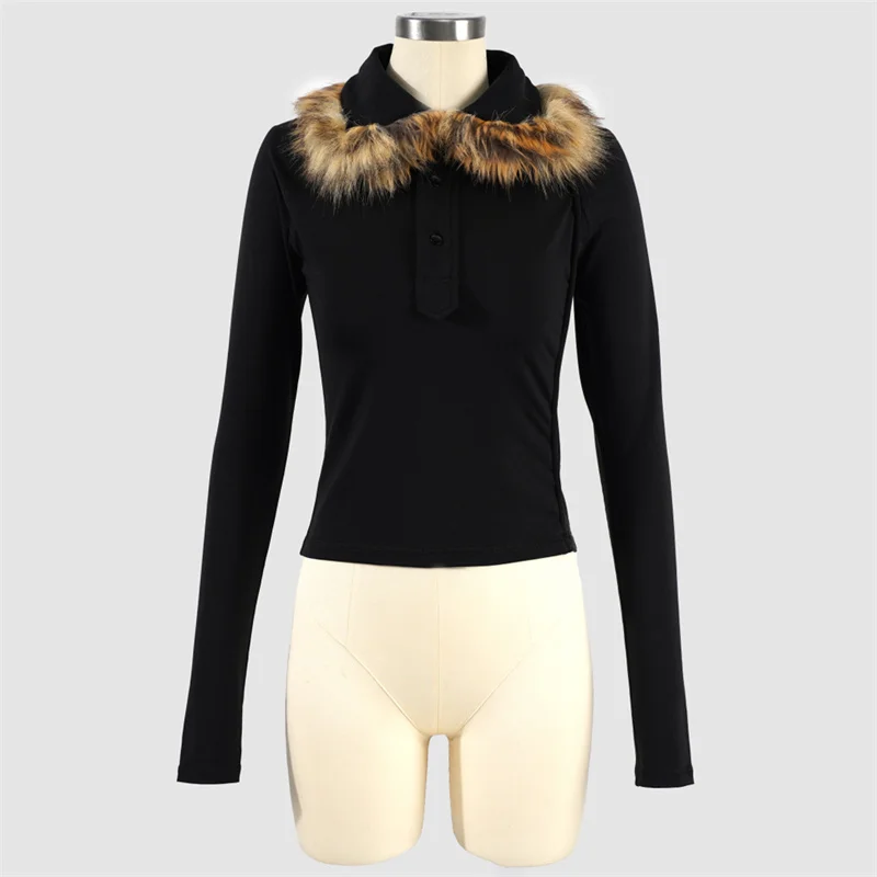

Women's t-shirt New elastic knitted slim pullover for autumn 2025 Artificial fur decorative Women's long sleeve top y2k clothes