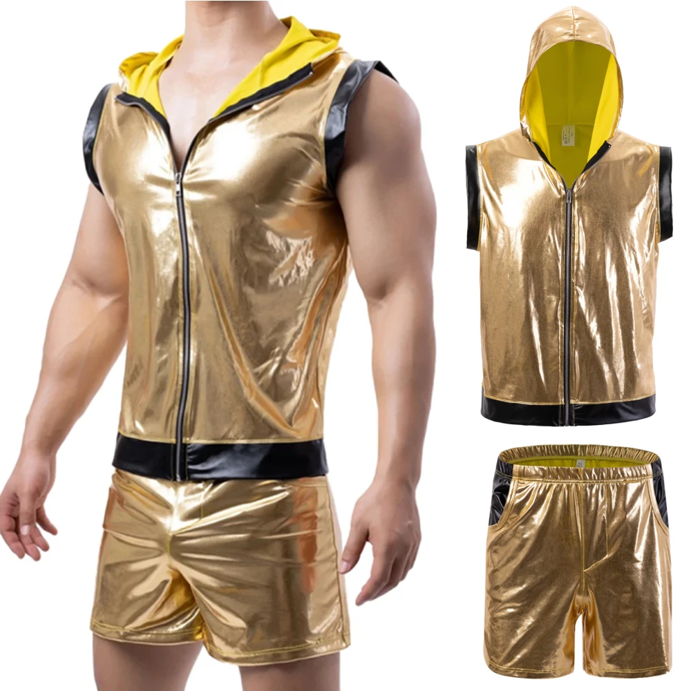 

Мужские золотые блестящие облегающие кожаные майки, боксеры, шорты, комплект клубной одежды, костюм для ночного клуба, костюм для сцены, брифы, уличная одежда