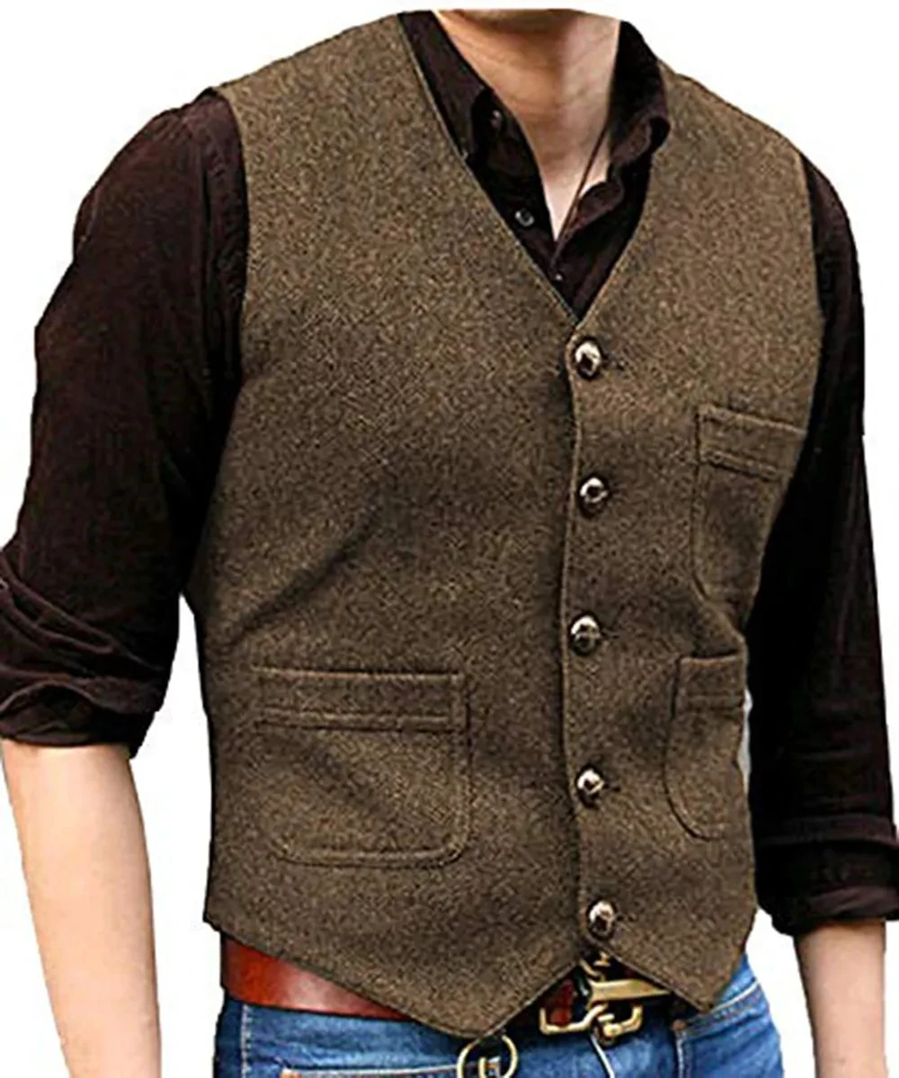 Men\'s Suit Vest V Neck Herringbone Tweed Business Waistcoat For Wedding Men Vests Groomman Clothing Jacket Victorian Steampunk