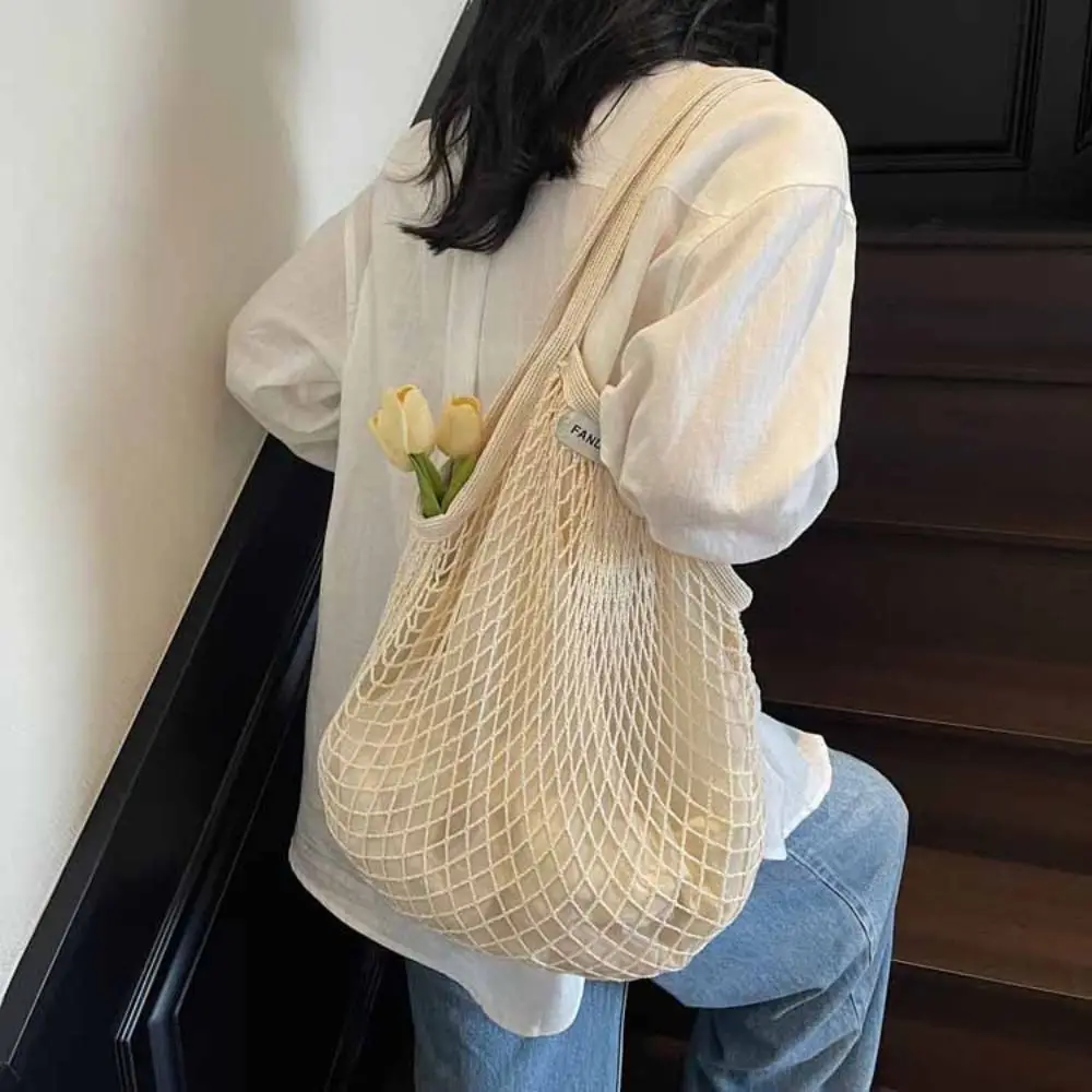 Polyester Hollow Woven Shoulder Bag Large Capacity Korean Style Mesh Handbags Edge Covering Pockets Summer Beach Tote Bags