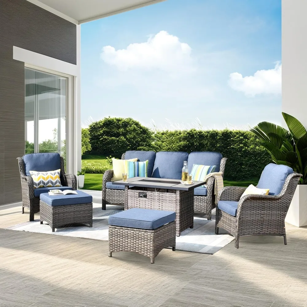 

6 Pieces PE Wicker Rattan Outdoor Sectional Sofa Couch Conversation Set with Rectangle Fire Pit Table Patio Furniture Sets