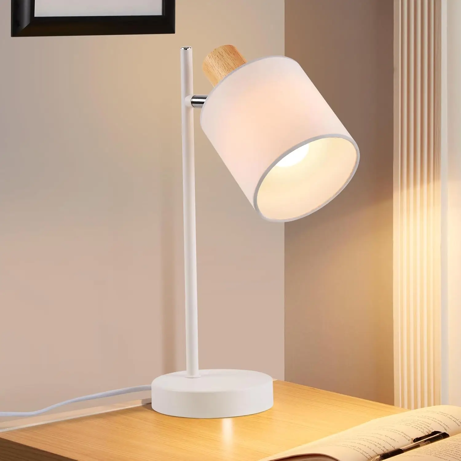 Tischlampe Holz Nachttischlampe Vintage - E14 Tischleuchte Weiß Stoff Nachttischleuchte mit Kabel Drehbar Retro Schreibtischlampe Rustikal Bettlampe für Wohnzimmer (ohne Leuchtmittel)