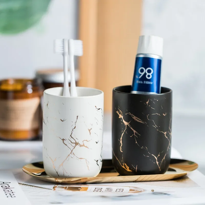 

Creative Marbled Gold Plated Mouthwash Cup Couple Toothbrush Holder Bathroom Accessories Ceramic Mouthwash Cup Home Decoration