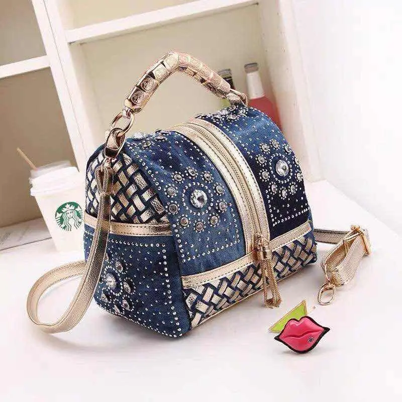 Luxury Designer Brand New High Quality Denim Woven Diamond Crossbody Bag Women Tassel Hand Shoulder Bag Hot Sale
