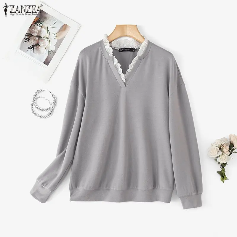 ZANZEA سترات نسائية للخريف بأكمام طويلة بلوفرات محبوكة موضة الربيع غير رسمية برقبة على شكل حرف v دانتيل مرقع ملابس خروج فضفاضة تريكو