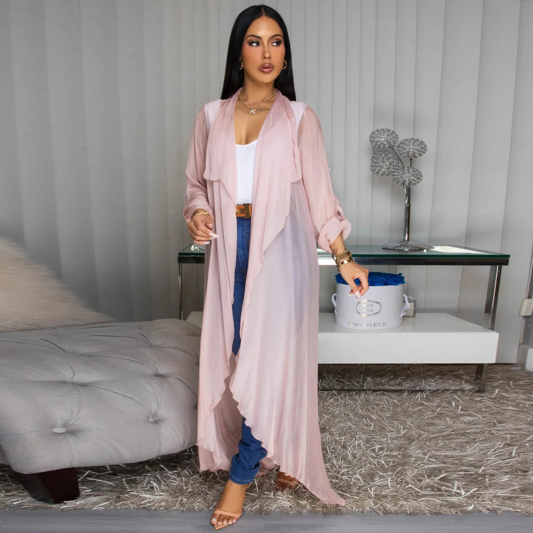 

Casual Chiffon Solid Color Pleated Long Shirt Women Summer Irregular Ruffles Long Cardigan and Sun-Protective Jacket