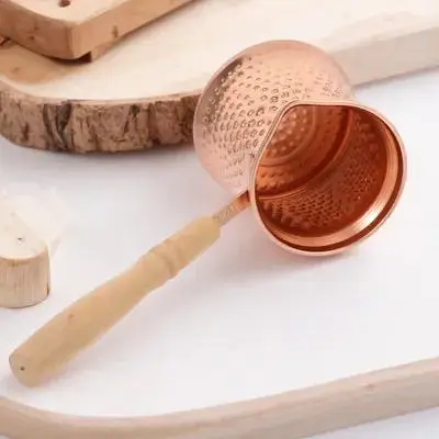 

Turkish Coffee Pot Copper Alloy Wooden Handle Stovetop Coffee Maker Milk Heating Ibrik Metal Beverage Pot Traditional Design