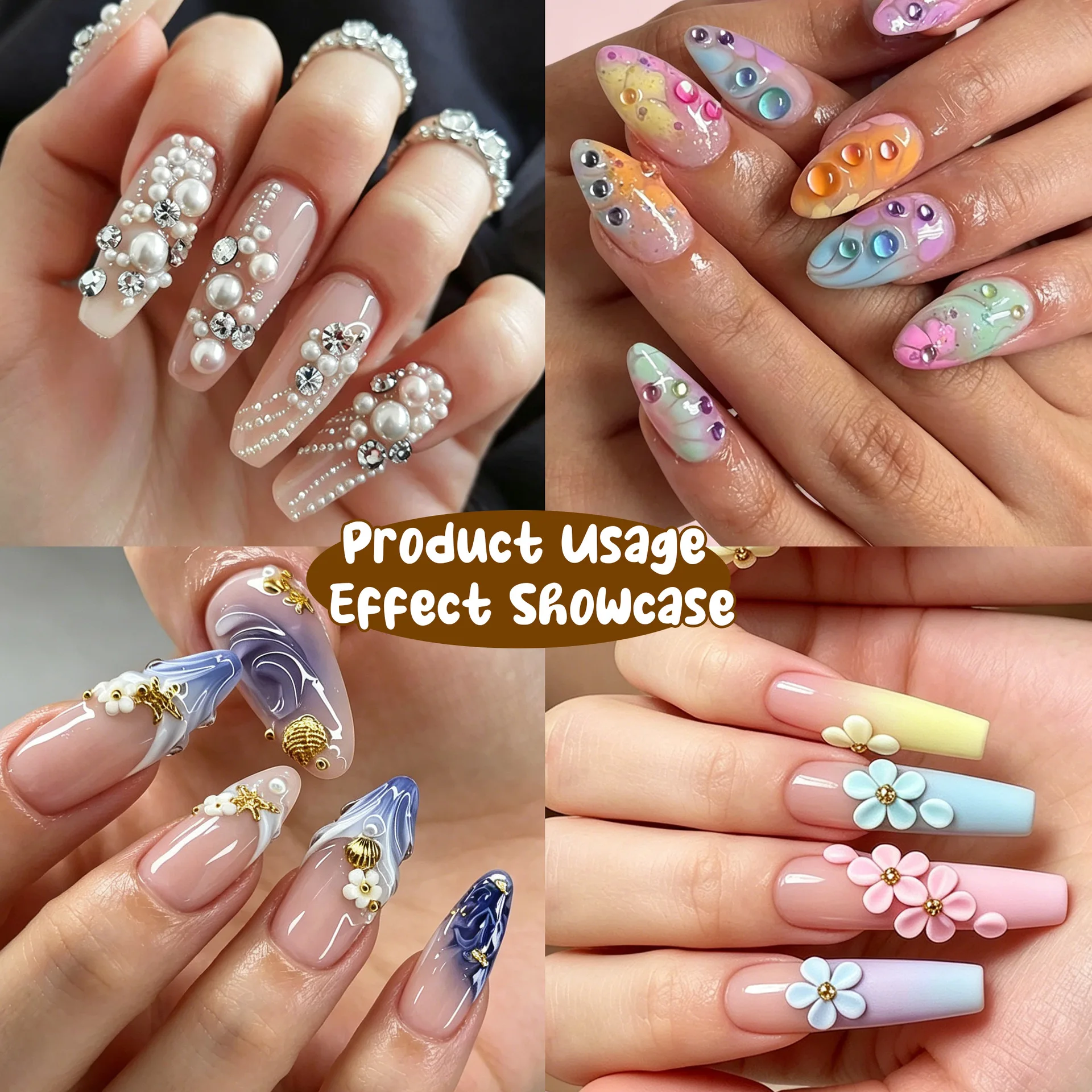 3D Gold Ocean Rivet Nail Charms 12Grid Mixed Seahorsea/Starfish /Conch Pearl/Mini Caviar Beads/Rhinestone Nail Jewery Decoration
