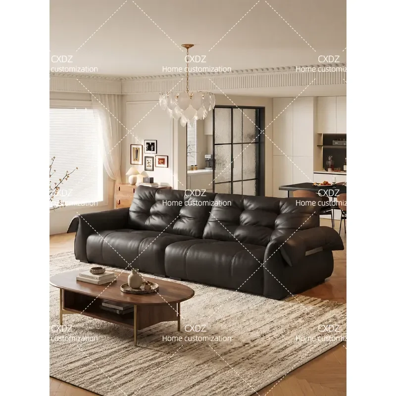 Black Leather Straight Row Sofa Simple Living Room Small Unit First Layer Cowhide Black Sofa