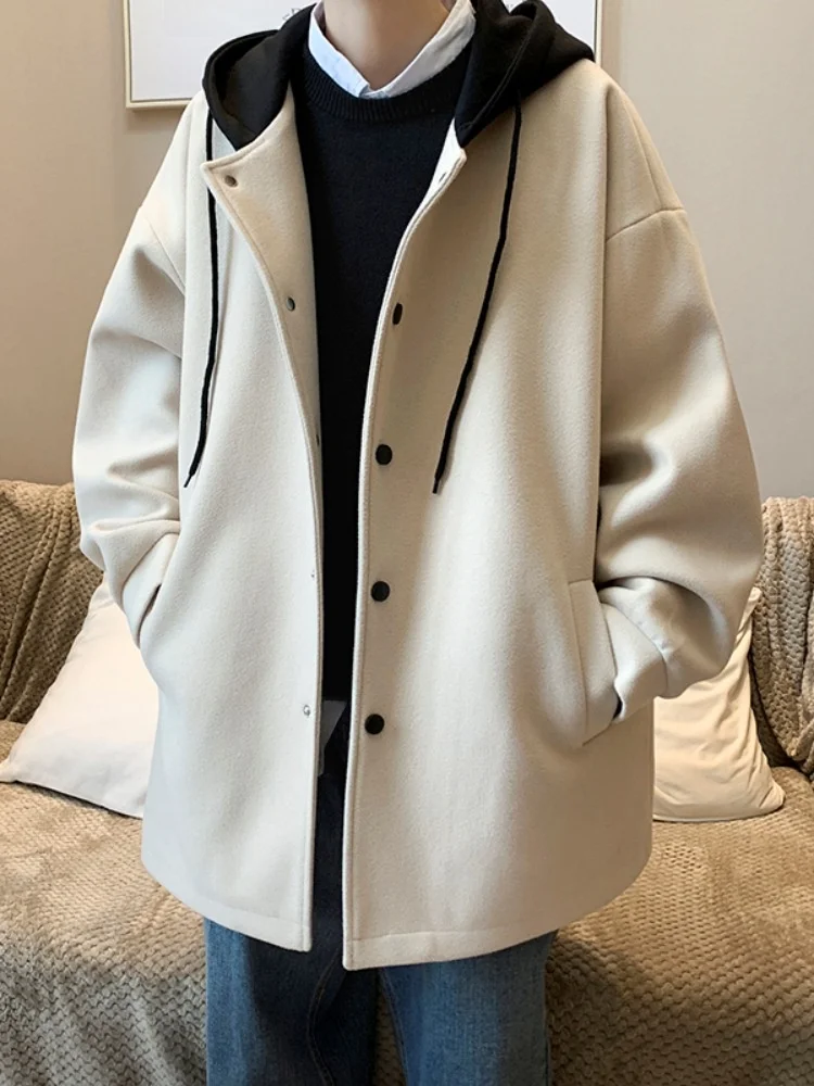 

Men's Autumn Winter Hooded Woolen Coat Medium Length Coat Youthful Sle Warmth Guaranteed Faionable Casual Outerwear