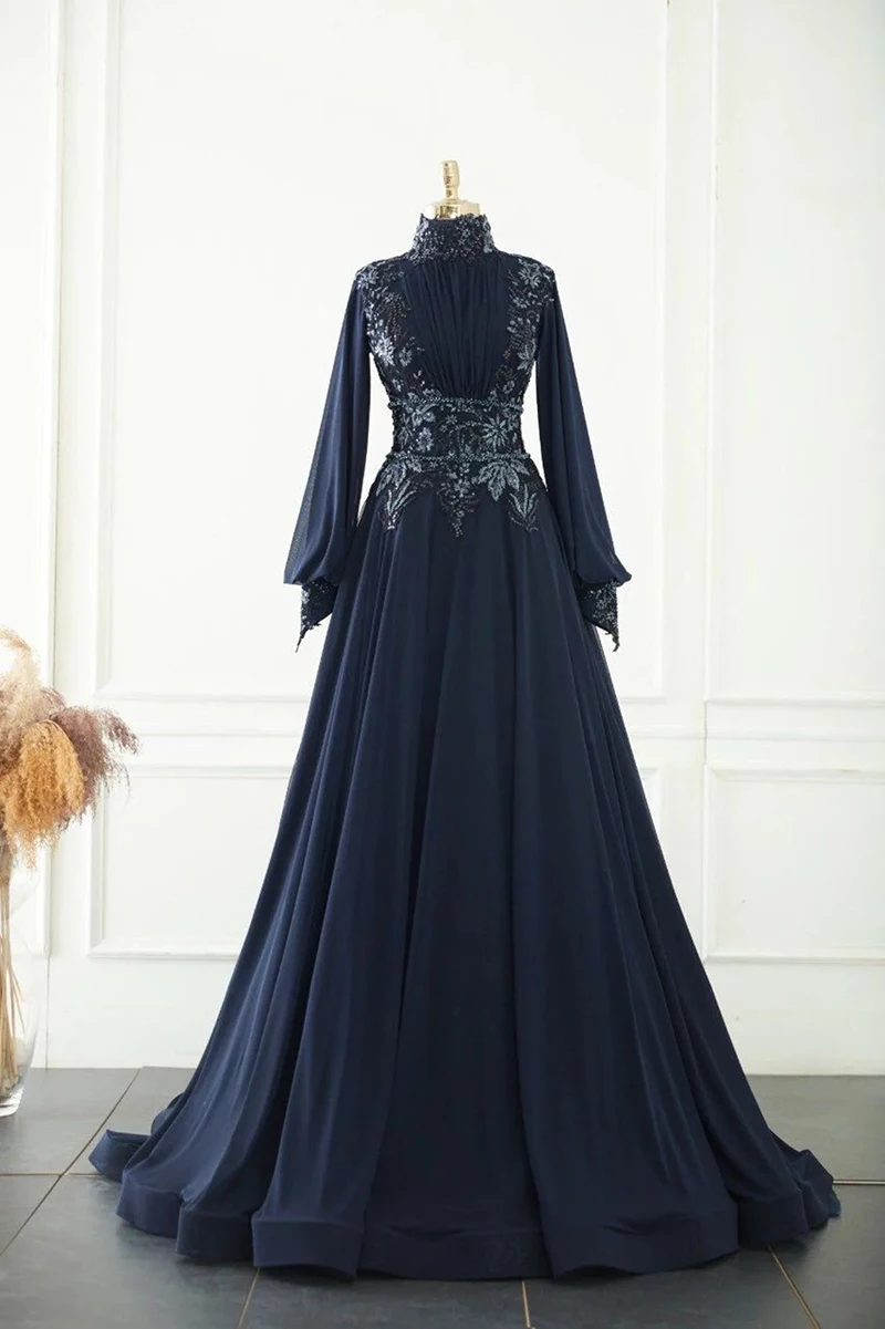 Abiti da sera musulmani a maniche lunghe in chiffon blu navy Caftano marocchino Appliques Hijab Abito da festa formale Collo alto Robe De Soiree