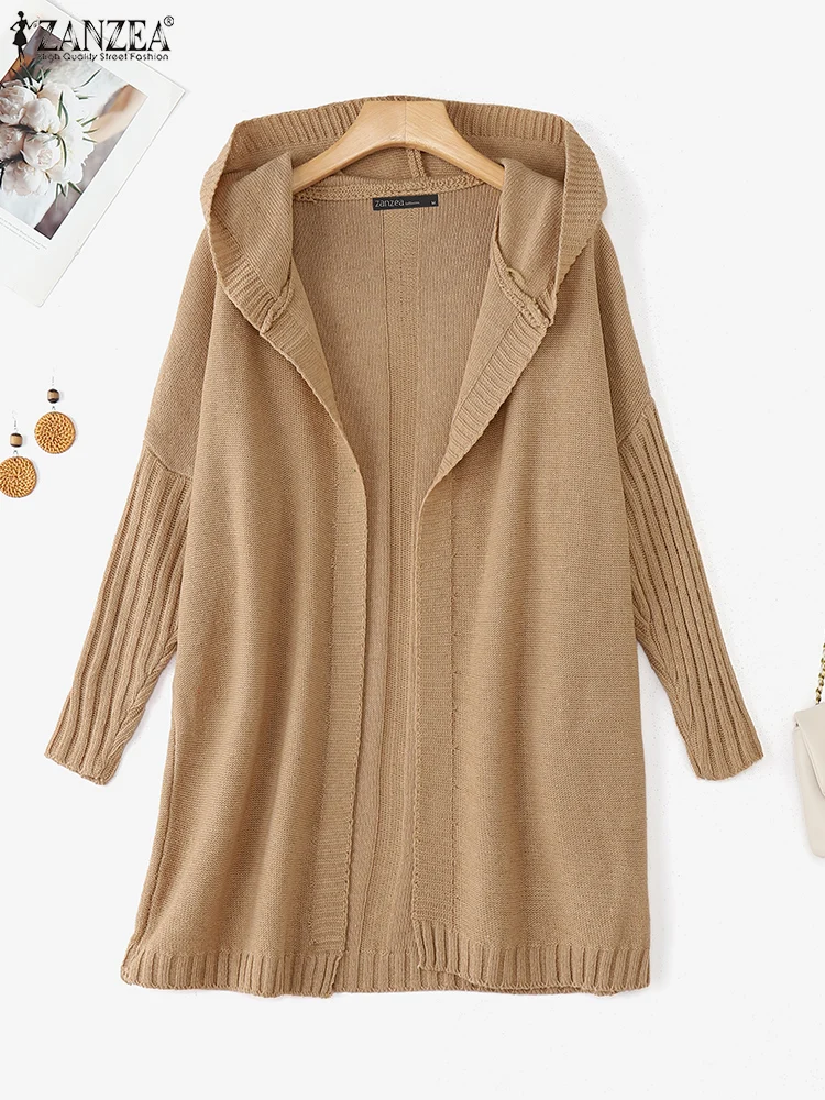

ZANZEA женские вязаные свитера, длинные кардиганы, топы, осень-зима 2021, однотонные свитера с длинными рукавами и капюшоном, толстовки, трикотажные пальто
