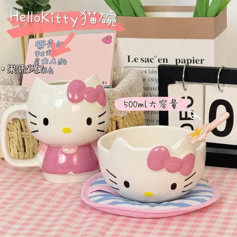 Hello Kitty Ceramic Cartoon Cute Water Cup Mug Large Small Couple Miniature Cat Cup Bow Knot Creative Tea Cup
