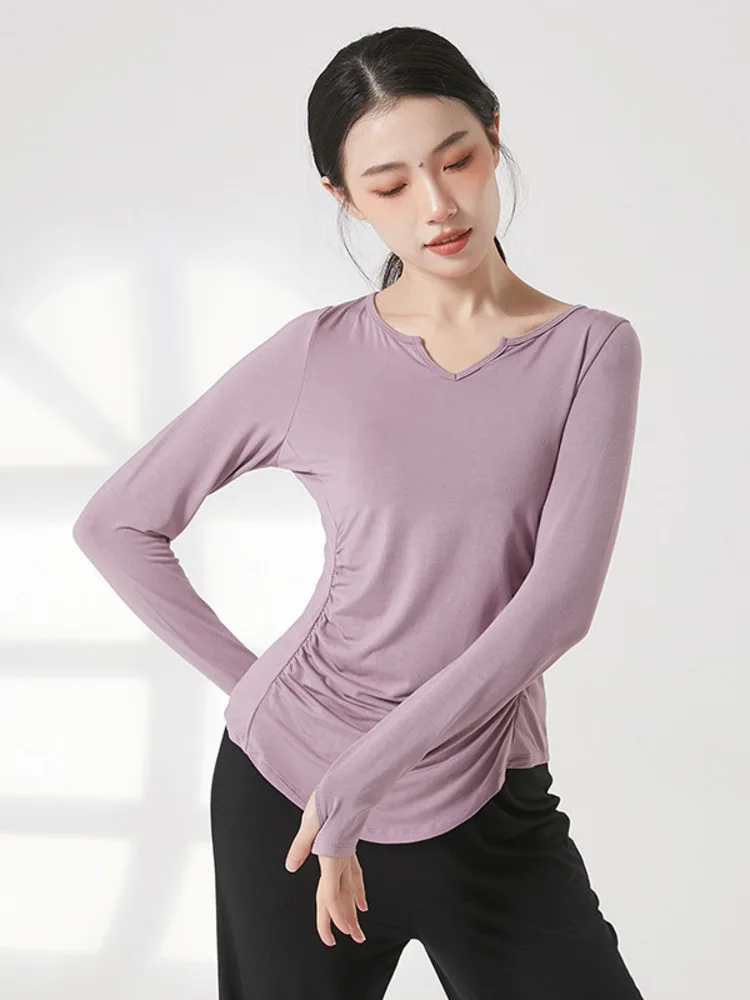 Long Sleeves Kpop Stage Costume Latin Dance Women Tops Line Jazz Solid Color Chinese Folk Classic Pleated Female T-shirt