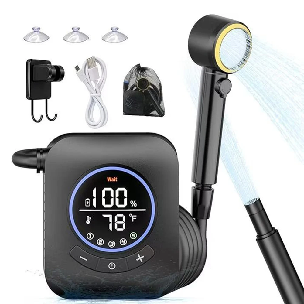 

Rechargeable Shower Head for For camping 8000mAh Battery 5 Adjustable Pressure Levels LCD Display for Battery and Temperature