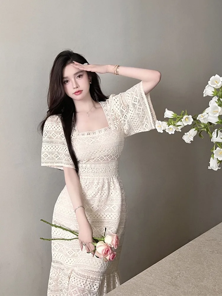 

Plus Size Slimming Sexy Fi Tail Long Dr Square Collar Waist Cinching Women's Summer High-End Feelings Faionable Korean Sle Dr