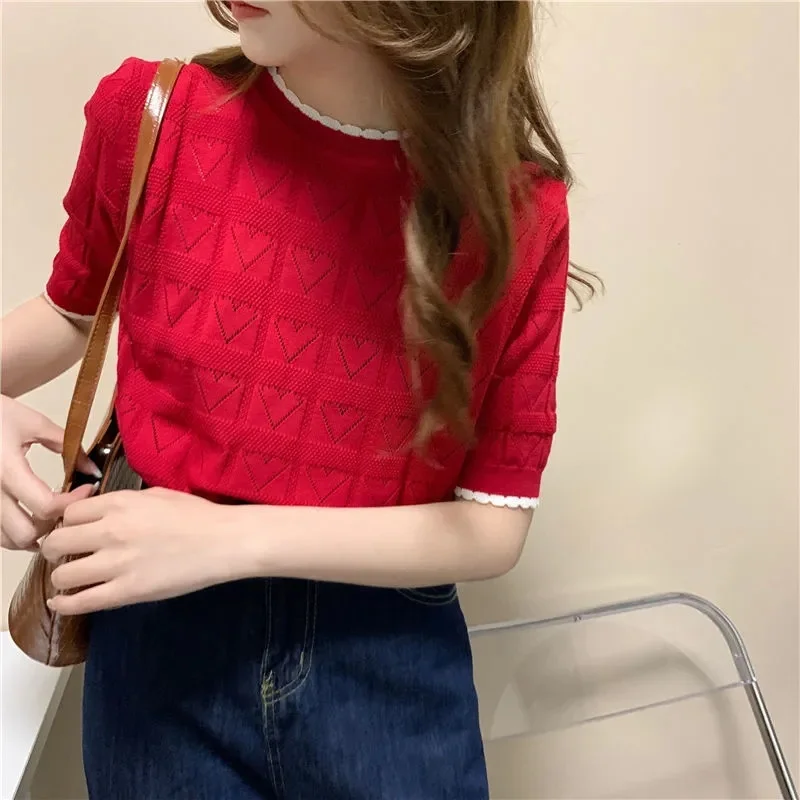 New Summer Hollow Out Solid Color T-shirt Women Simple Fashion Knitted Comfortable Vintage Feminine Harajuku All-match Cozy Tops