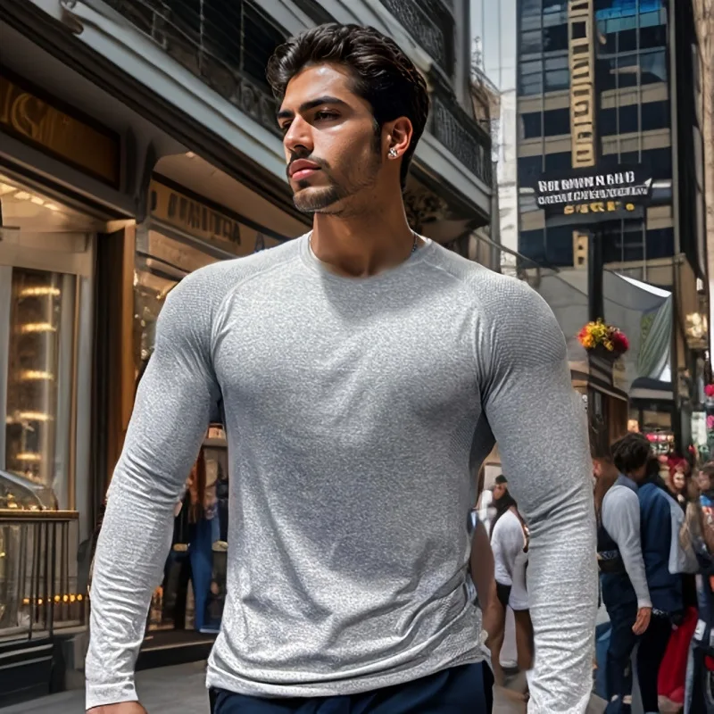 Long Sleeve T-shirt, American Seamless Slim Fit, Jacquard Quick Dry Breathable Chest Enhancing, Men Gym Training Outdoor Crew Ne