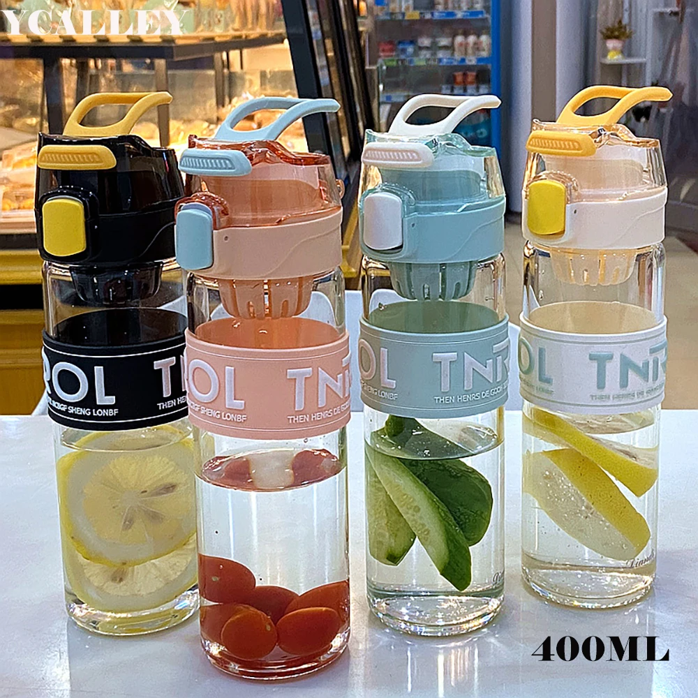 

YCALLEY 400ML Glass Bottle For Water With Cup Lid Tea Partition Integrated Design Drinks Transparent Milk Juice Tea Simple Cup