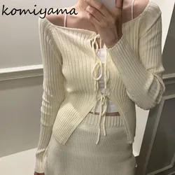 Korean Chic Criss Lace-up Cardigan Sexy Slash Neck Outerwears Long Sleeve Ropa Mujer 2024 Woman Cardigans Bottomed Sweater