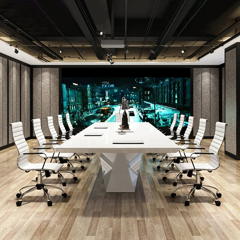 고급스러운 화이트 미니멀리스트 모던 대형 사무실 회의 테이블 및 의자 조합