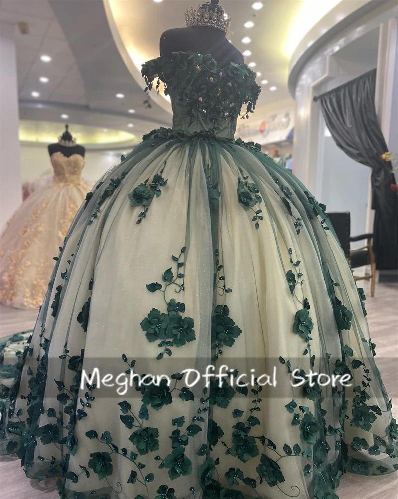 

Mexico Green Traditional Off The Shoulder Ball Gown Quinceanera Dresses Beaded 3D Flowers Sweet 16 Dress Vestido De 15 Anos