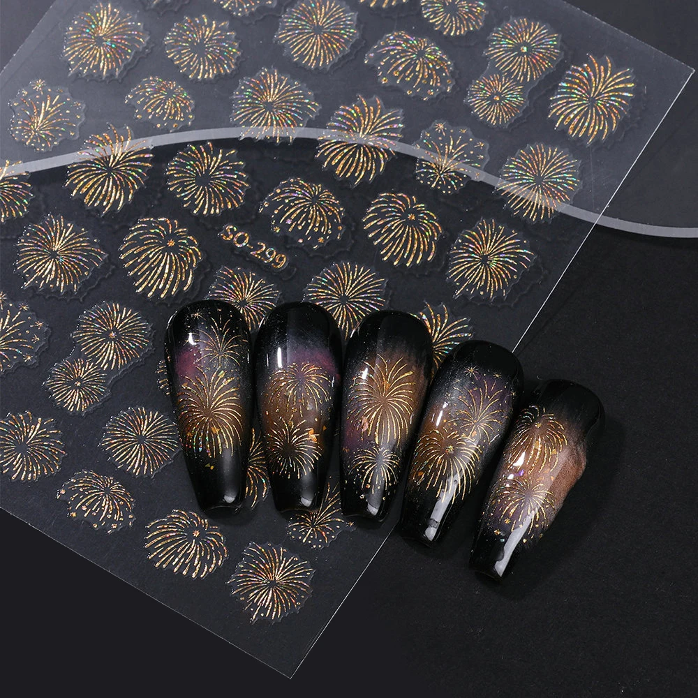1 feuille 3D dégradé Champagne or irisé feu d'artifice Nail Art autocollants scintillant feu d'artifice ongles décalcomanie nouvel an manucure décalcomanie