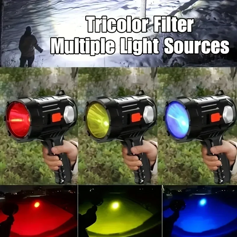 High Power LED Flashlight Solar Powered/USB Rechargeable Outdoor Camping Lantern Emergency Tactical Torch  With 3-Color Filter