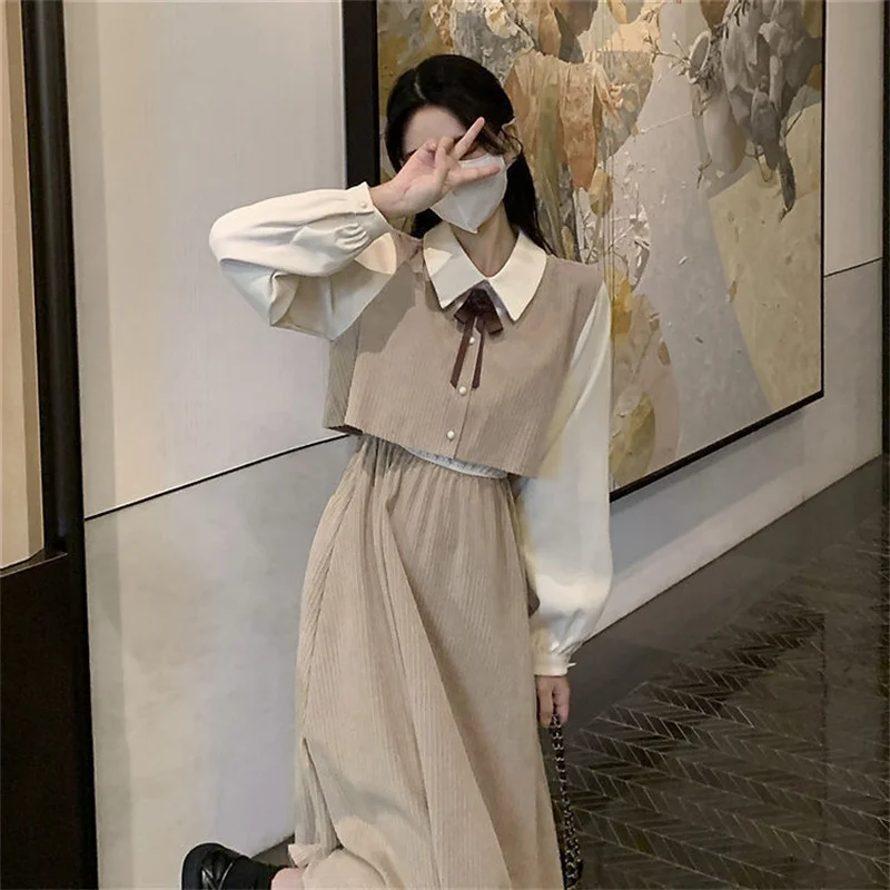 2023 Spring Fake Two-Piece Long-Sleeved Dress Women's Autumn And Winter New French Retro Temperament Waist Dress Ladies Beige Y4