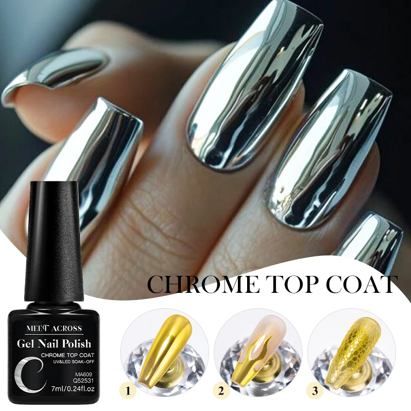 7ML Chrome Top Coat For Mirror Metal Glitter Powder Soak Off Gel Semi-Permanent Nail Polish Functional Gel For Nail Art Manicure