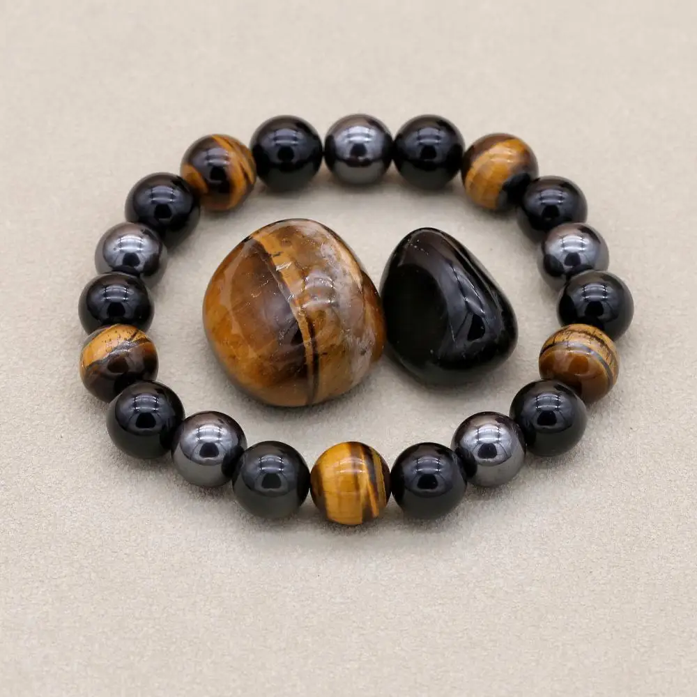 10mm Men Tiger Eye & Hematite & Black Obsidian Stone Bracelet Handmade DIY Jewelry