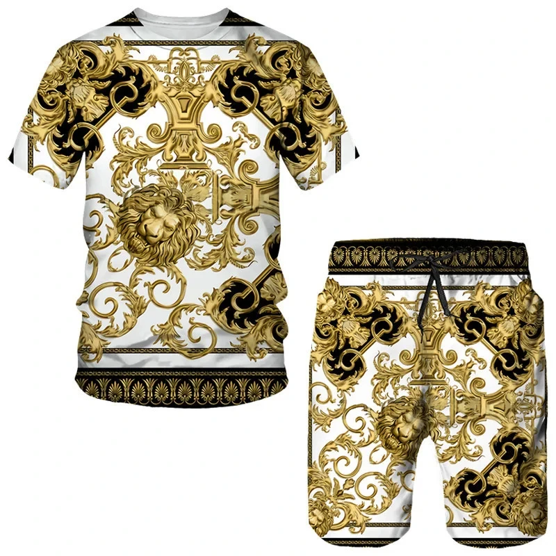 Summer New Golden Lion Statue Pattern Men's T-Shirt Set 3D Print Men's Tee/Shorts/Suit Baroque Style Streetwear Luxury Men's Set