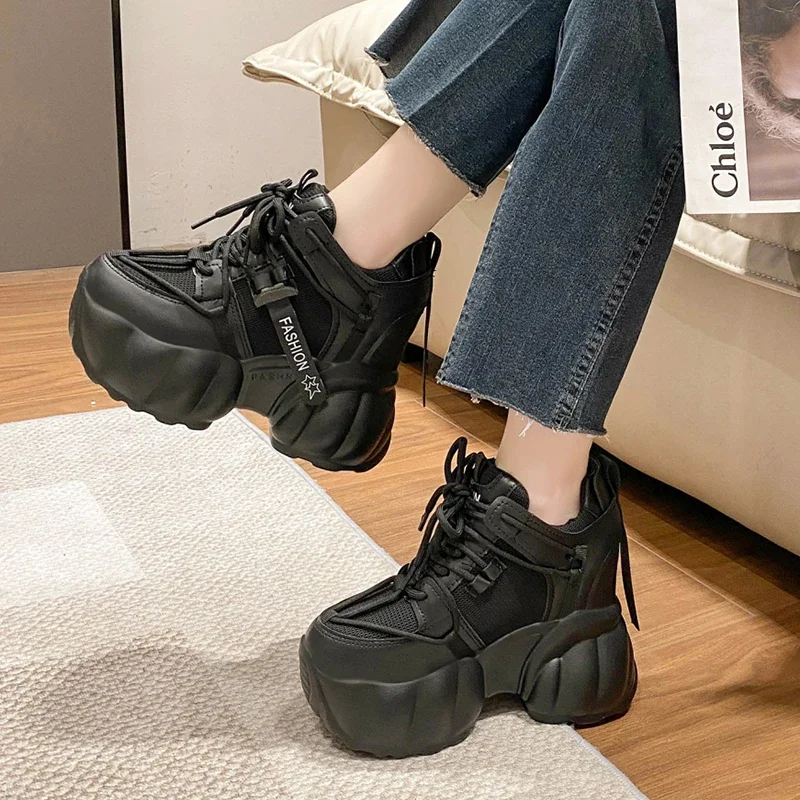 

Pop Fashion Black Chunky Sneakers For Women 2025 Spring Hidden Heels Platform Sports Shoes Woman Thick Sole Breathable Casual Sh