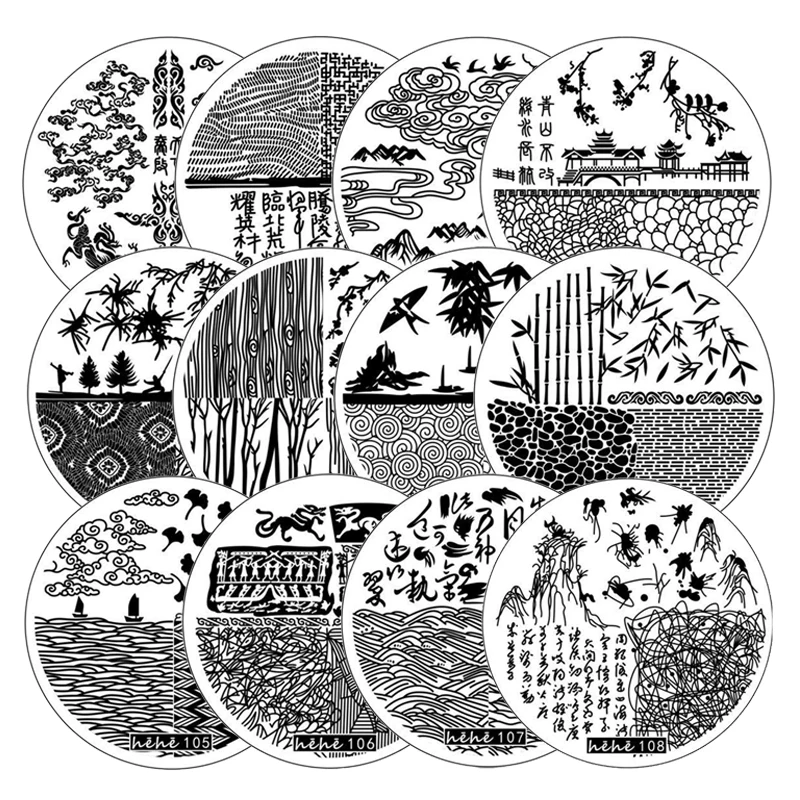 Chinese Style Architecture Stamping Plates Cloud Nail Stamp Stencil Templates Written Word Image Bamboo Nail Art Plates Mountain