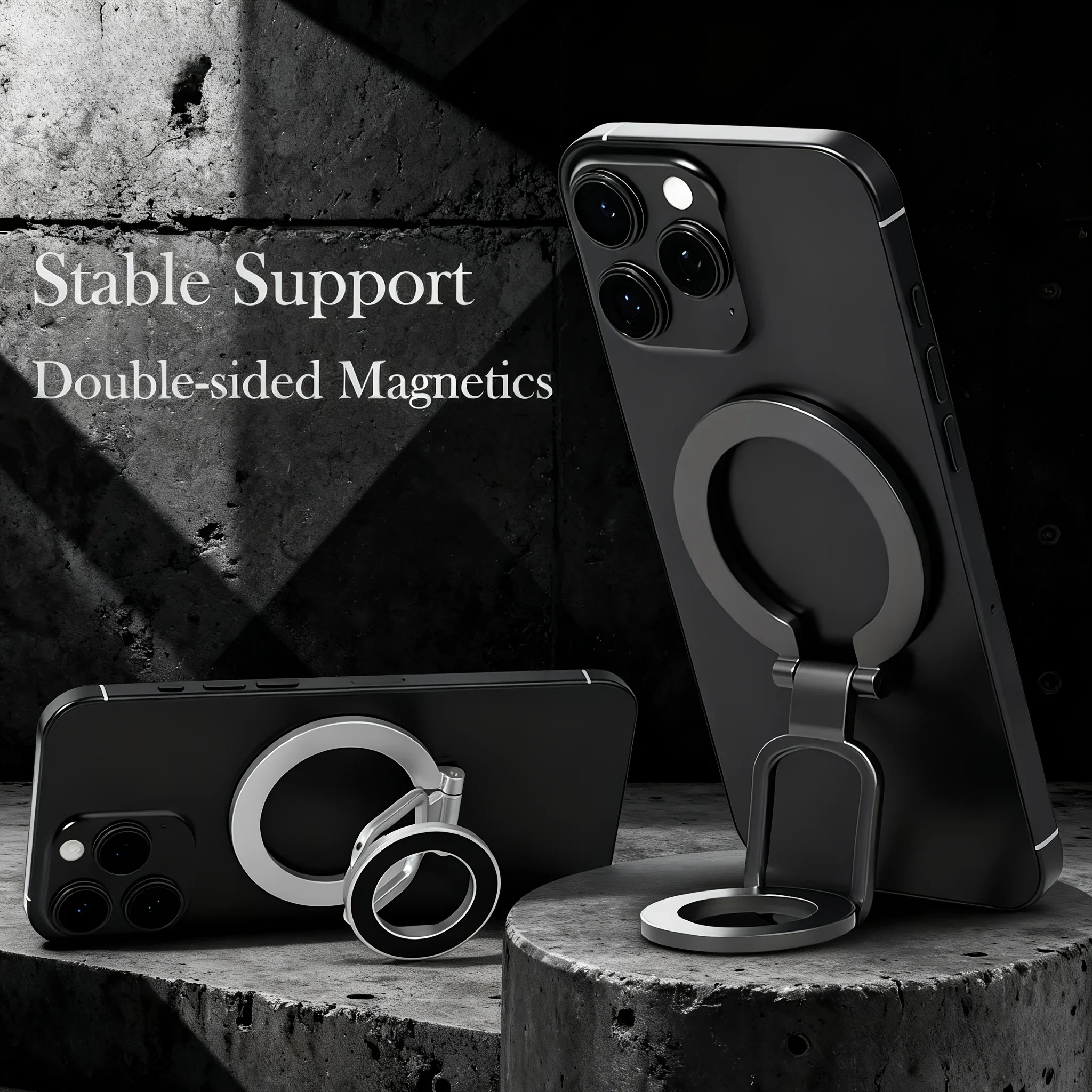 

Double-sided phone stand, magnetic ring buckle, stand-type magnetic grip, 360-degree rotation, magnetic ring support.