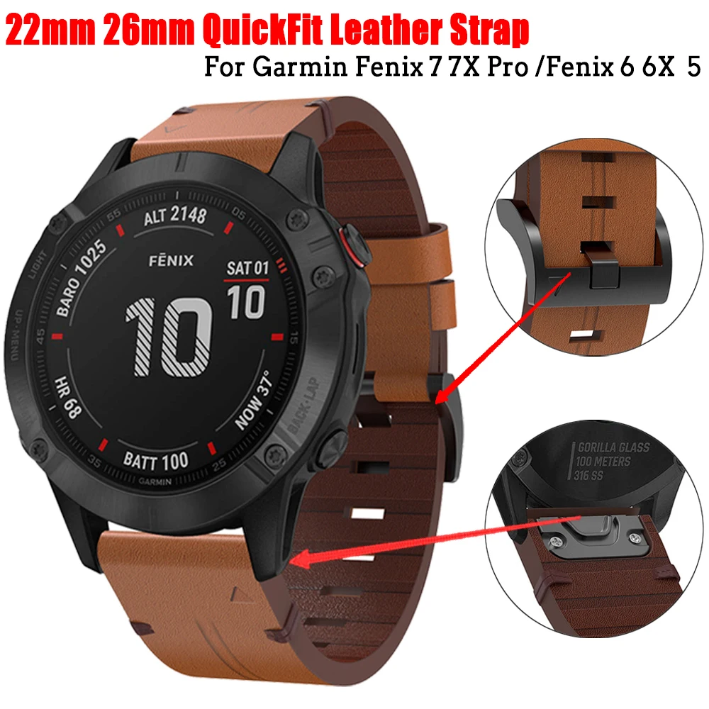 Quickfit 22 26mm Leather Strap For Garmin Fenix 7X 6 6X 5X Pro Instinct 2X Mk2 Enduro 2 Epix Pro Genuine Band Silicone Watchband