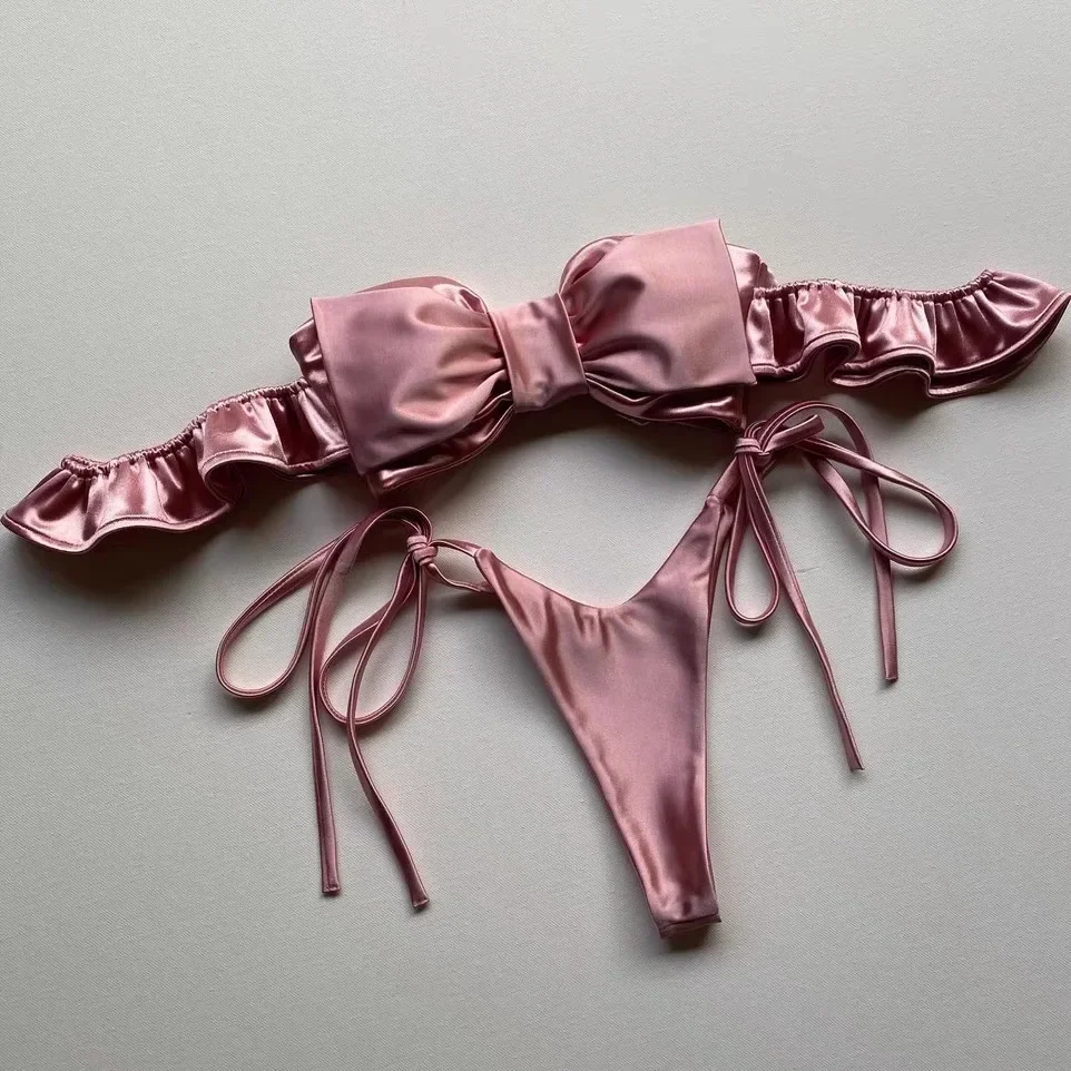 

Sexy 2 Pieces Pink Bandeau Bikini 2024 Women Swimsuit Thong Swimwear Big Bow Bikinis Ruffle Korean Beach Wear Y2K Bathing Suit