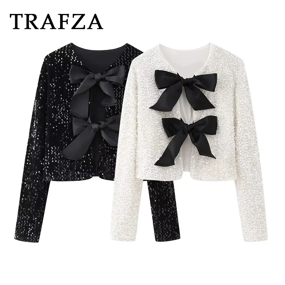 TRAFZA 2024 Autumn Winter Women Butterfly Lace Up Sequins Tops Fashion Casual Streetwear O Neck Open Stitch Sexy Elegant Tops